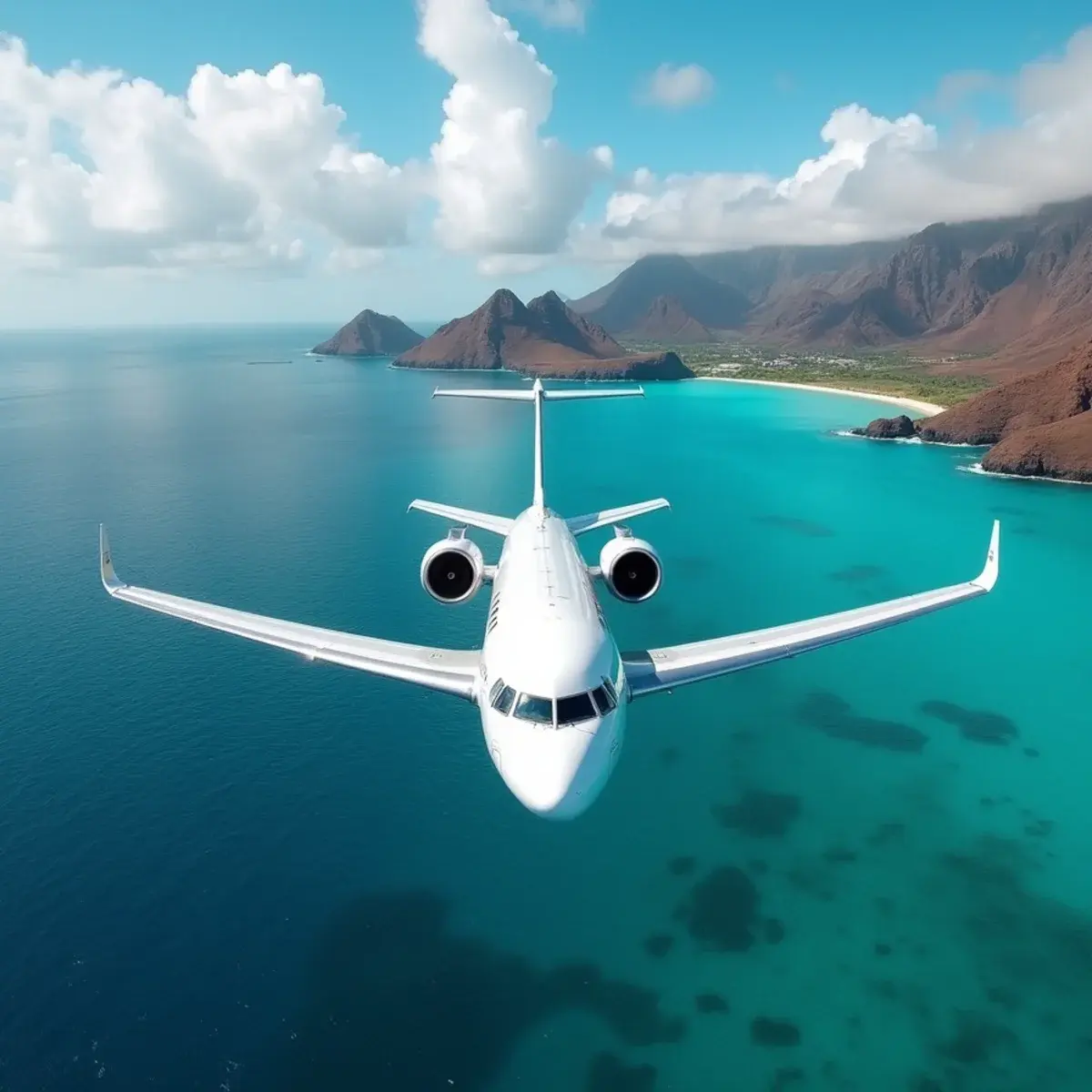 Hawaiian Airlines flights: a widebody jet on approach over turquoise Hawaiian water and a volcanic coastline, plain livery