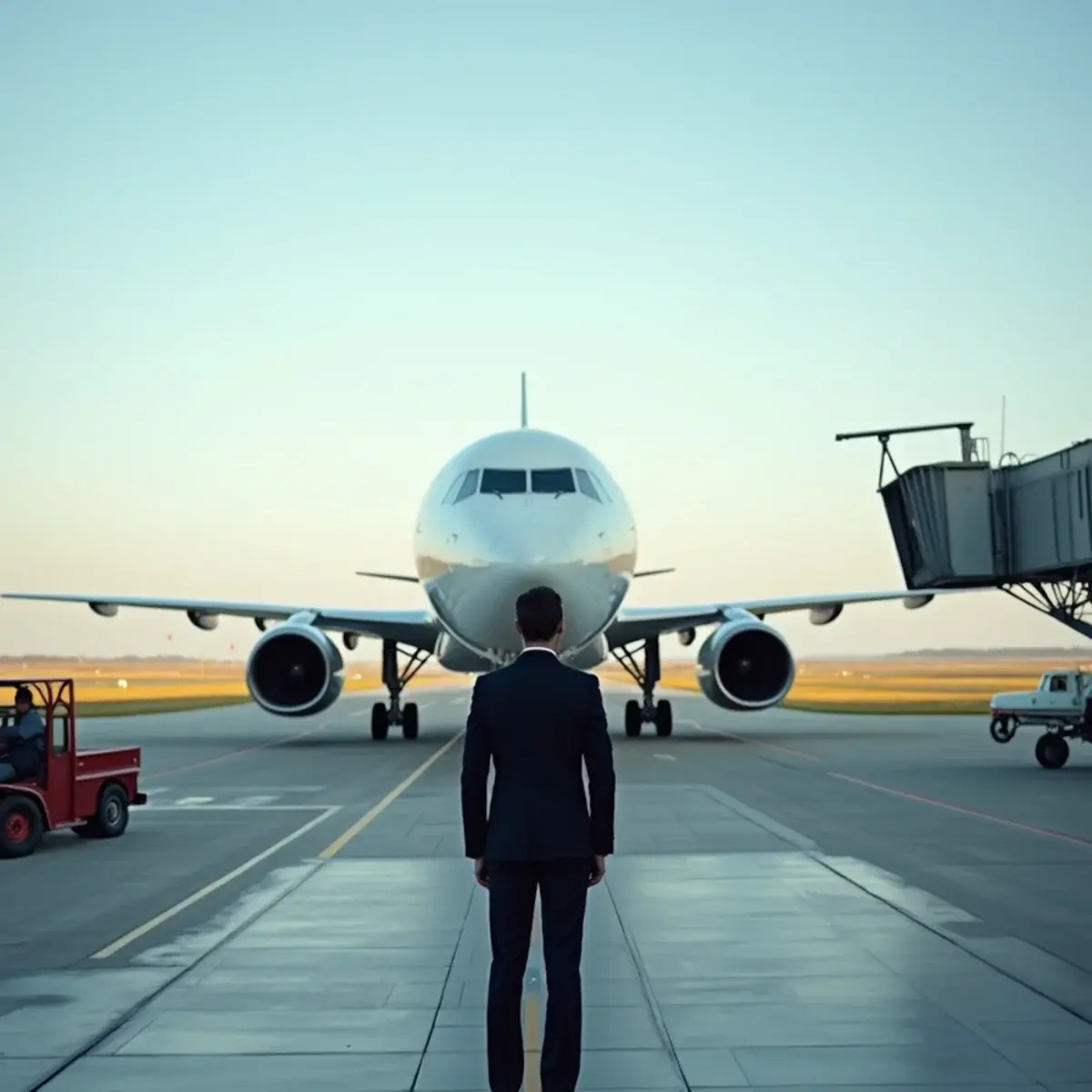 KLM flights: a widebody jet at an Amsterdam gate with flat Dutch fields beyond the runway, plain livery