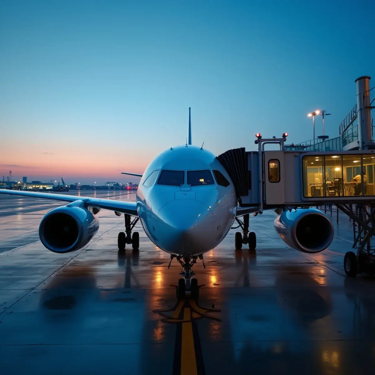 Lufthansa flights: a widebody jet at a Frankfurt gate at dusk with a glass terminal reflecting lights, plain livery
