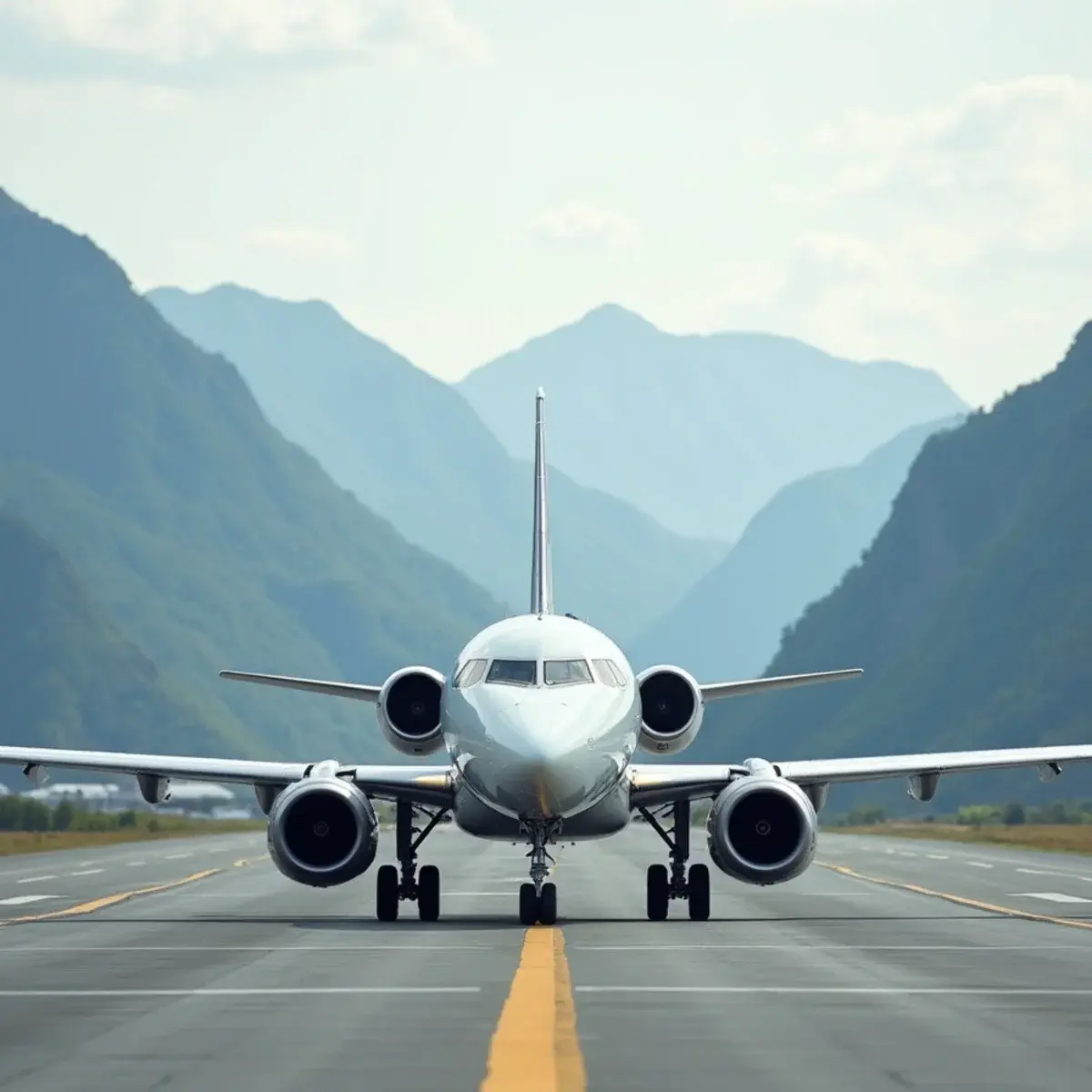 Norwegian flights: a narrowbody jet on a Scandinavian runway with fjord hills behind, plain livery