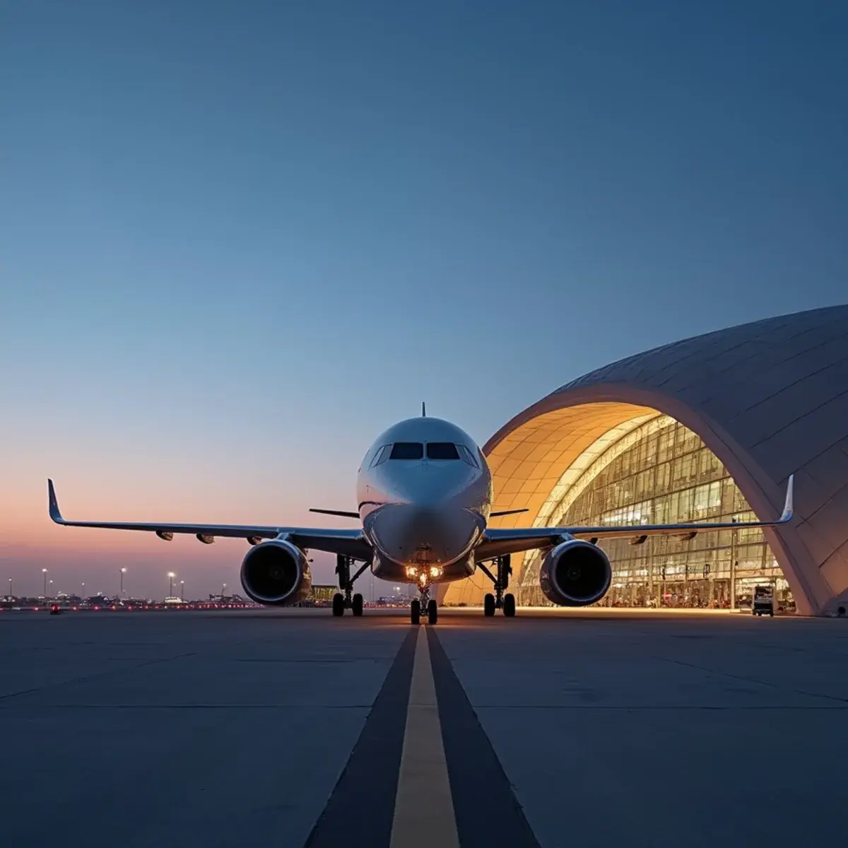 Qatar Airways flights: a widebody jet at a Doha gate at dusk with a striking modern terminal roof, plain livery