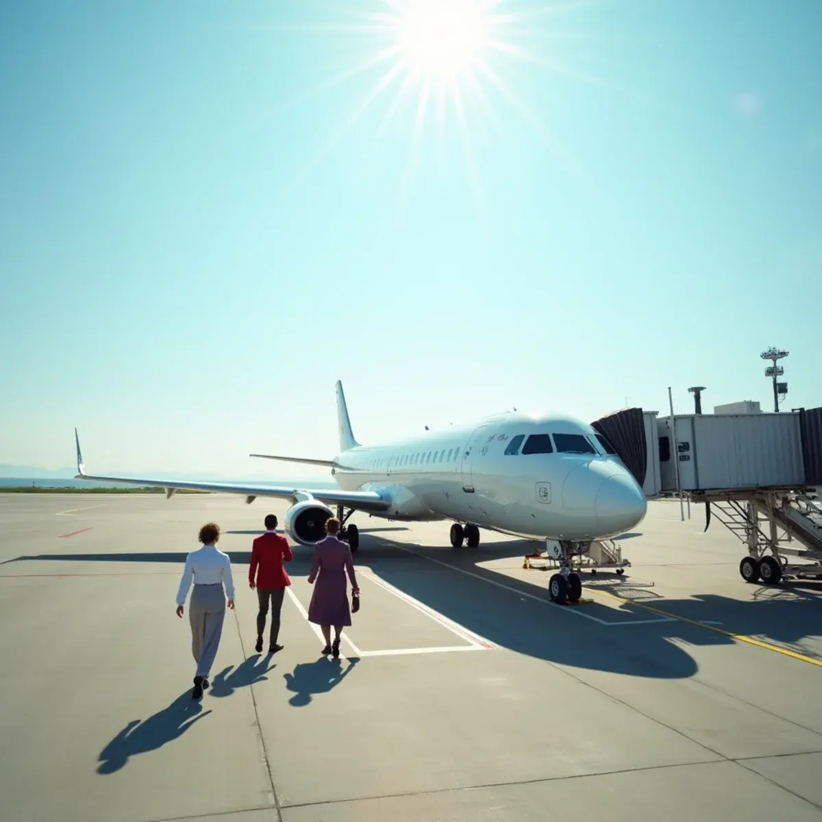 Southwest Airlines flights: a narrowbody jet at a sunny gate with passengers boarding via jet bridge, plain livery