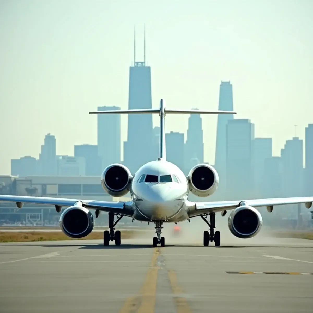 United Airlines flights: a jet taxiing at a Chicago airport with the skyline hazy behind, plain livery