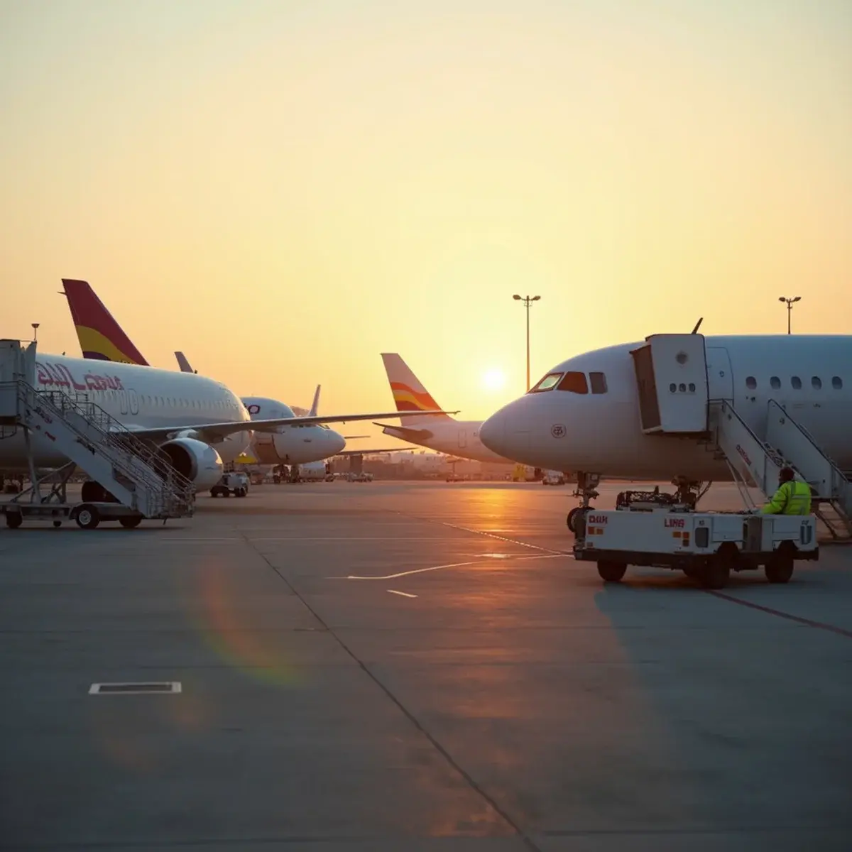 Airlines our agents book: several airliners parked at gates seen from the tarmac at dawn, ground crew at work, no readable logos