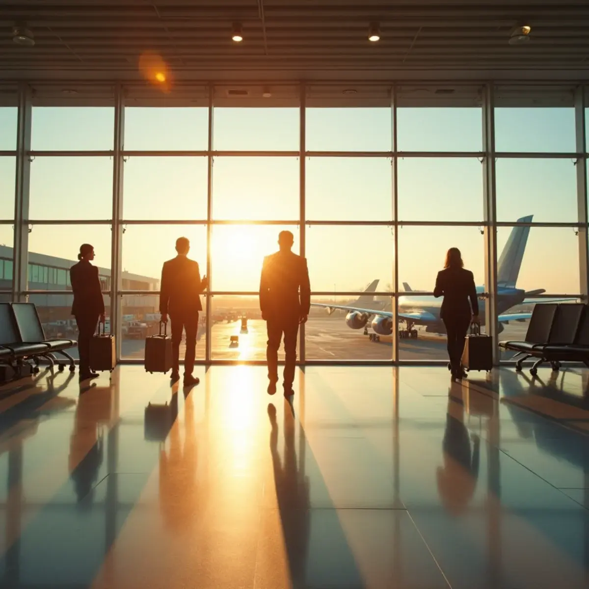 Flights by airport: a wide airport terminal concourse with morning sun through glass, travelers walking, planes at the gates outside