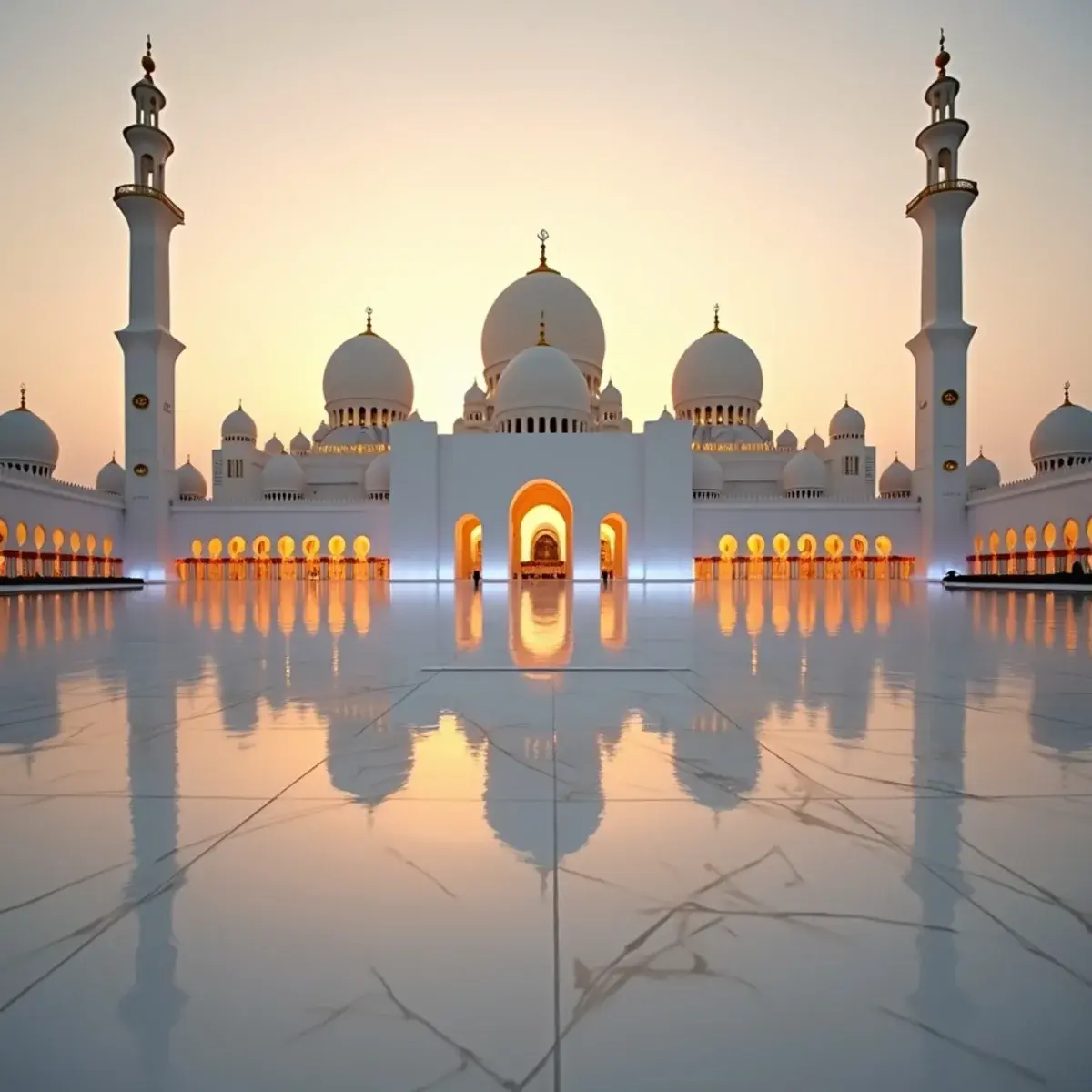 Boston to Abu Dhabi: Abu Dhabi Sheikh Zayed Grand Mosque white domes at sunset with reflecting pools
