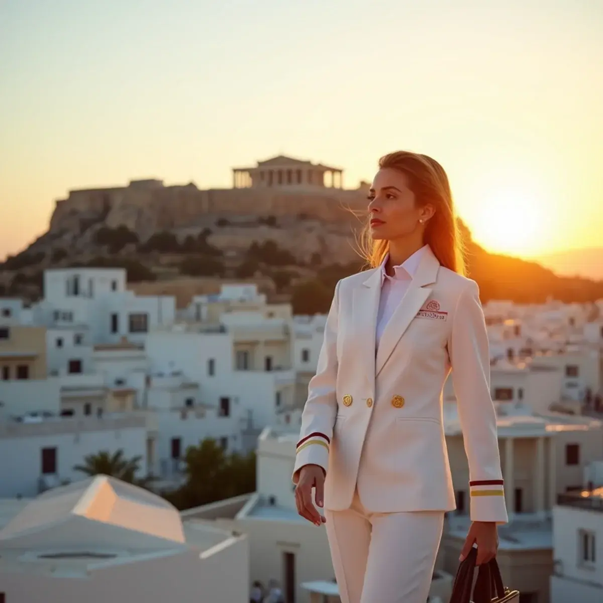 Chicago to Athens: Athens Acropolis and the Parthenon above white rooftops at golden hour