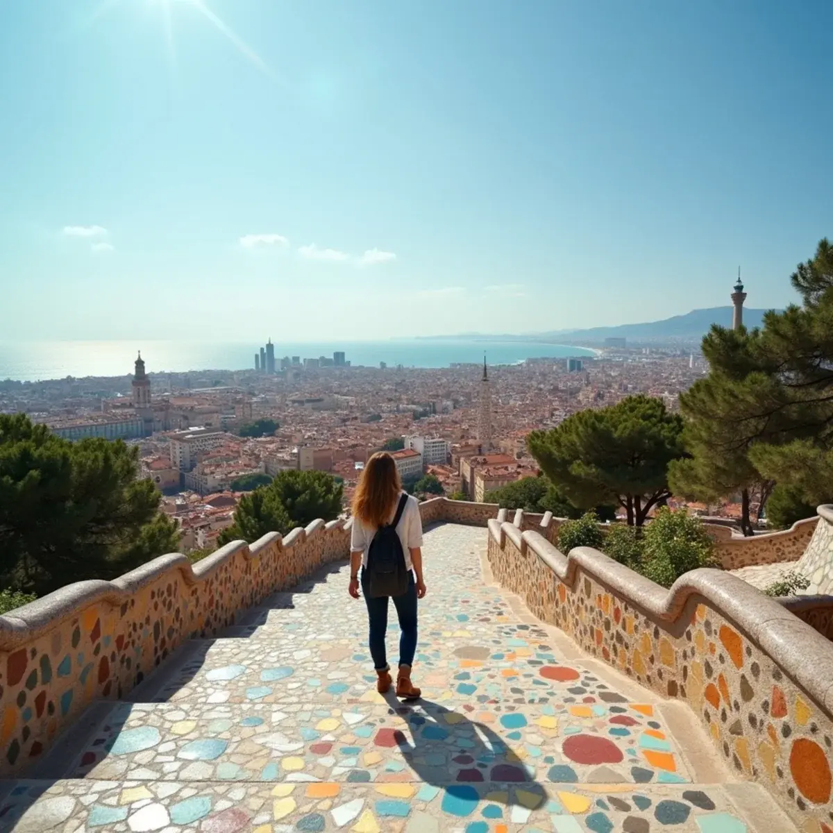 Austin to Barcelona: Barcelona Park Güell mosaic terrace overlooking the city and the sea