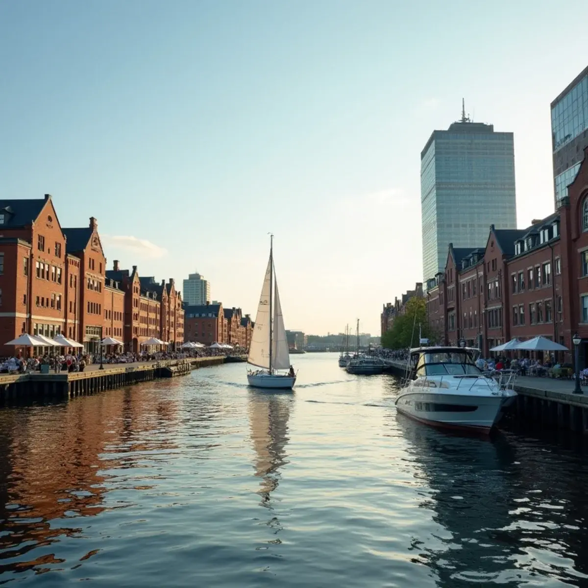 Cheap flights from Boston: Boston Harbor waterfront with brick Seaport buildings and a sailboat passing, late-afternoon light