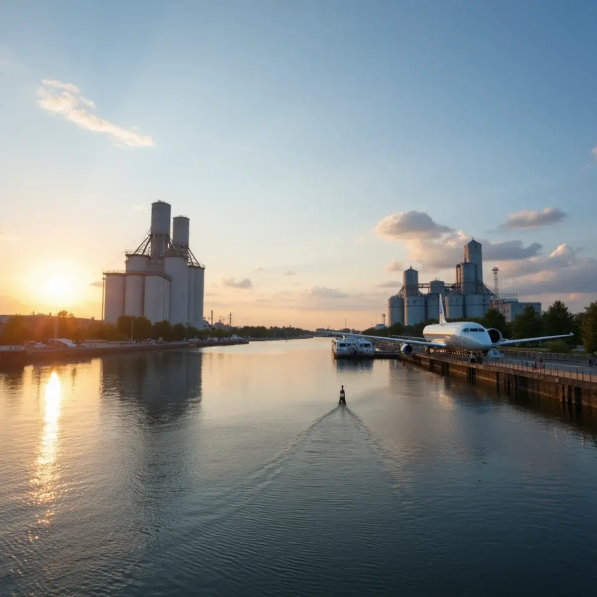 New York to Buffalo: Buffalo's Canalside waterfront with grain elevators and Lake Erie, summer evening
