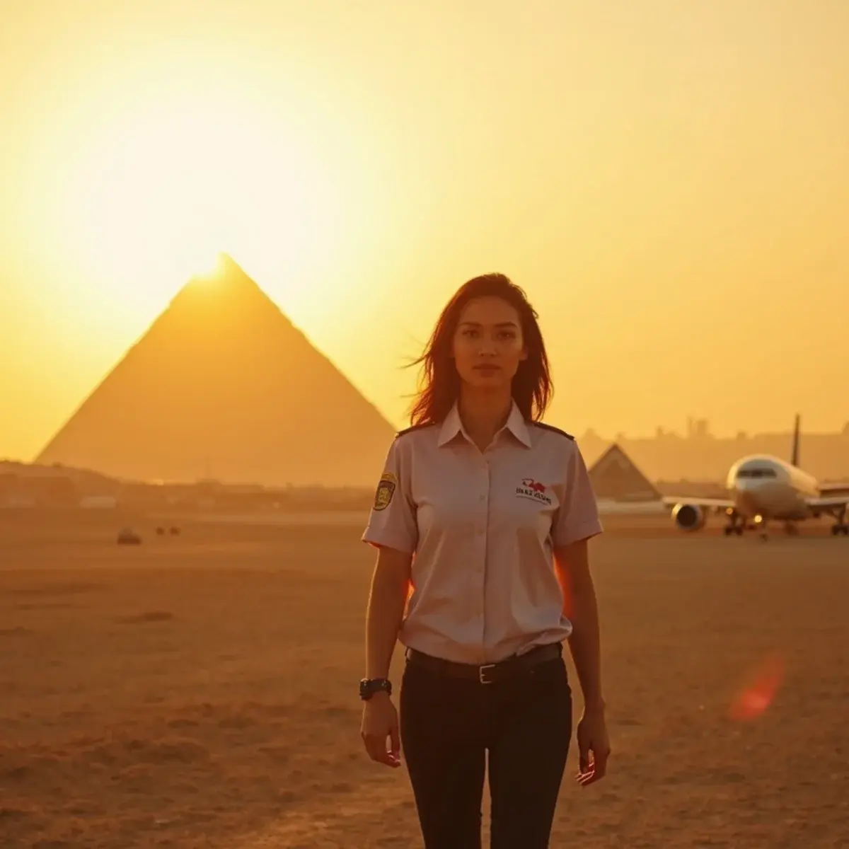 Boston to Cairo: Cairo pyramids of Giza at golden hour with the city edge in the distance