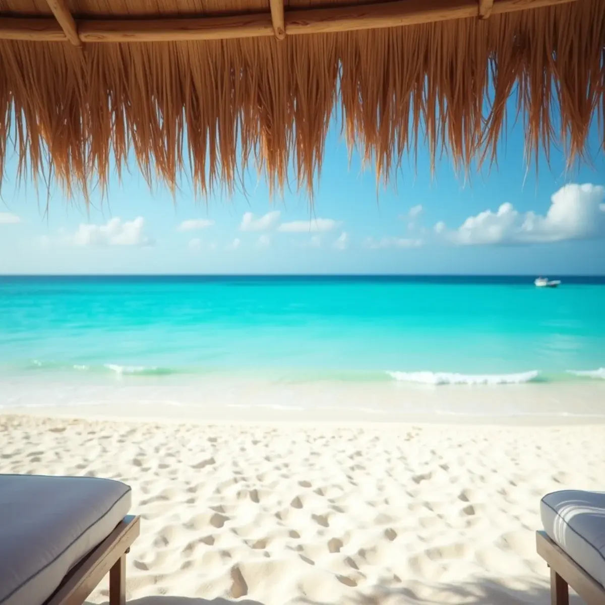 Atlanta to Cancun: Cancun Hotel Zone turquoise Caribbean water and white sand from a beach palapa