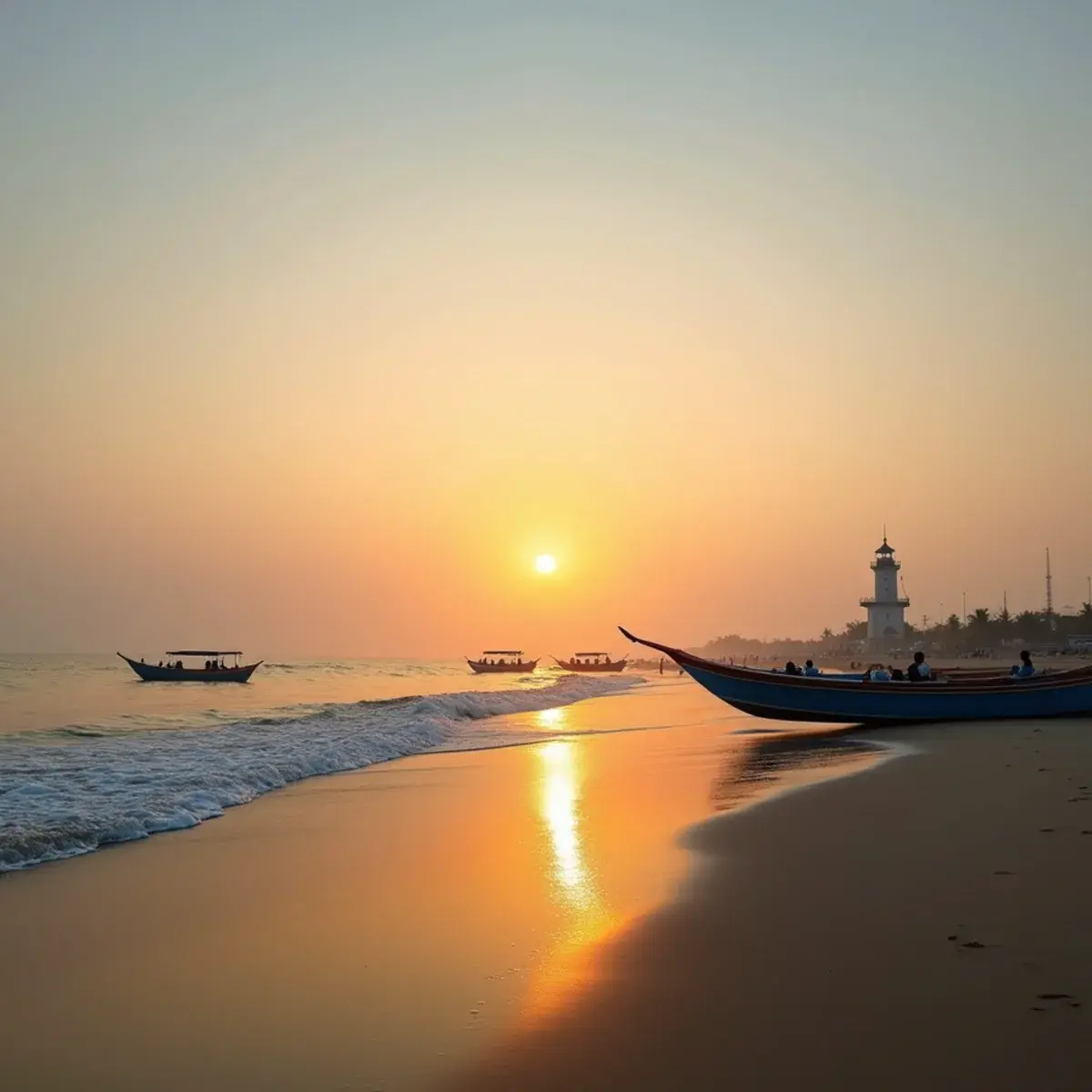 New York to Chennai: Chennai Marina Beach at sunrise with fishing boats and the lighthouse