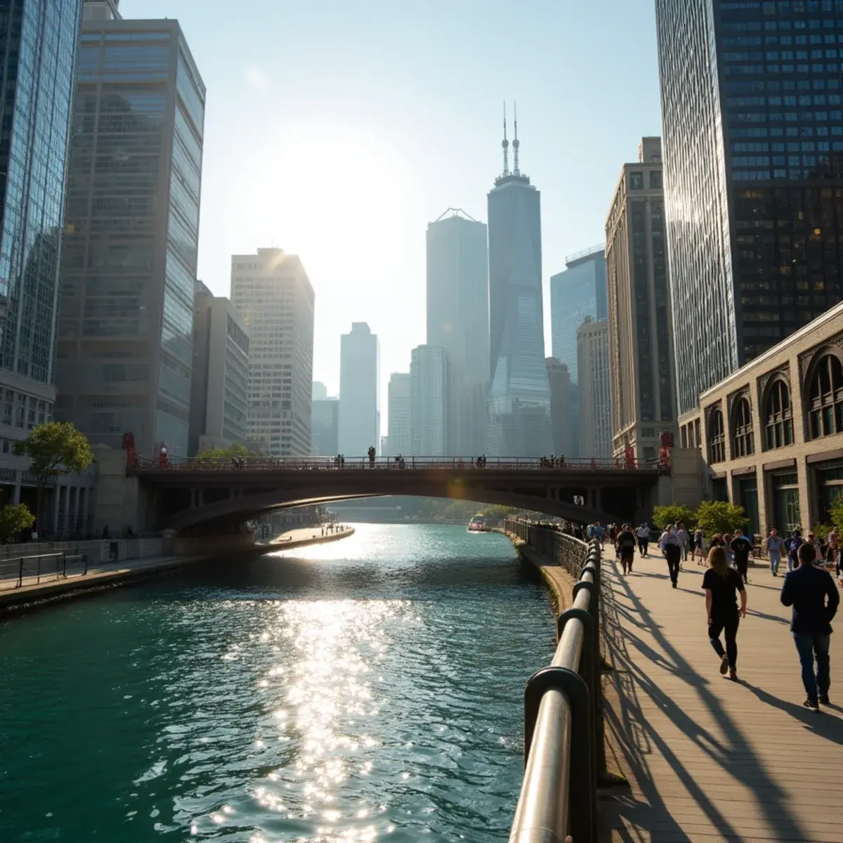 Cheap flights from Chicago: Chicago Riverwalk with the river, steel bridges, and glass towers, morning light, people walking