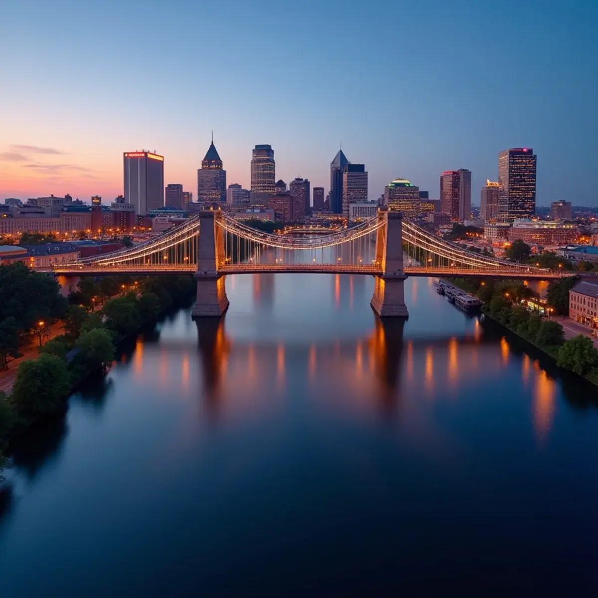 Cheap flights from Cincinnati: Cincinnati skyline across the Ohio River with the Roebling Suspension Bridge at dusk