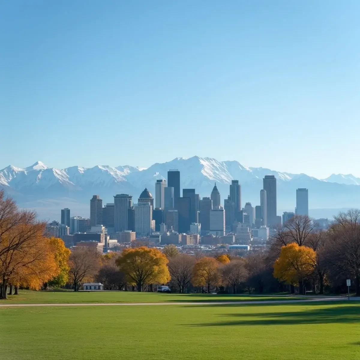 Cheap flights from Denver: Denver skyline with the snow-capped Front Range behind it, crisp blue sky, city park in the foreground