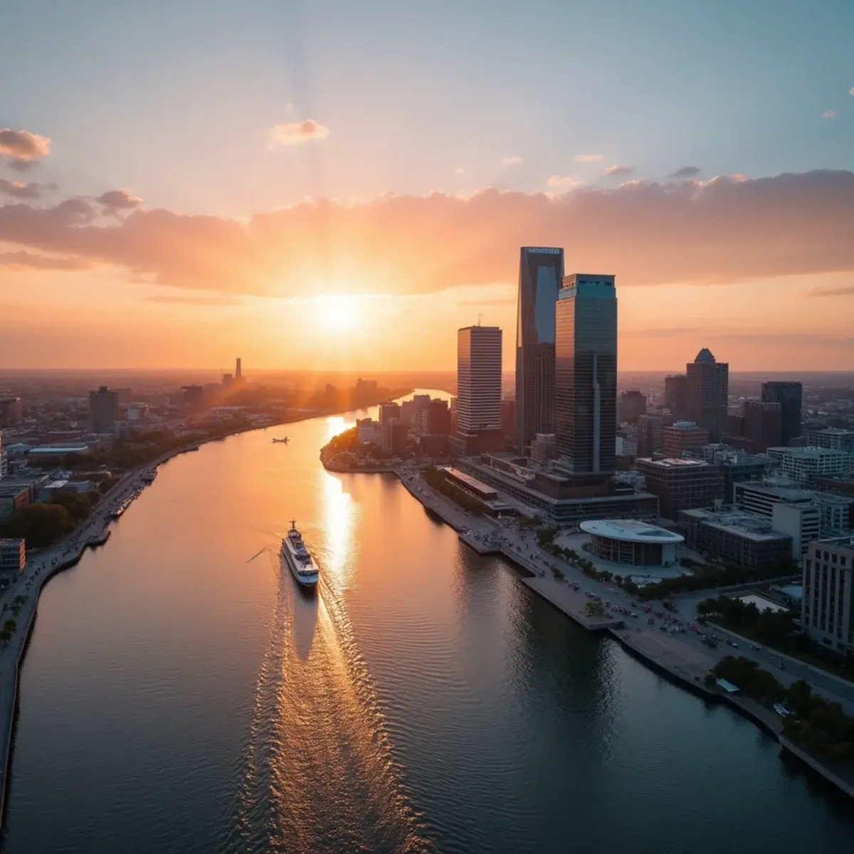 Cheap flights from Detroit: Detroit riverfront with the Renaissance Center at sunset, riverwalk and Canadian shoreline beyond