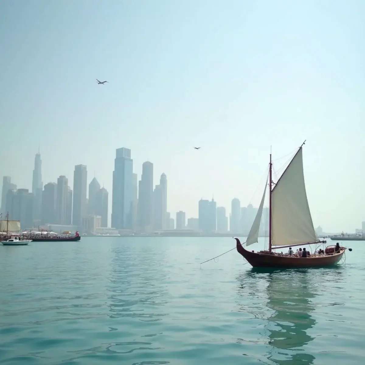 Flights to Hamad International Airport (DOH): Doha Corniche with the West Bay skyline across the water and a traditional dhow boat