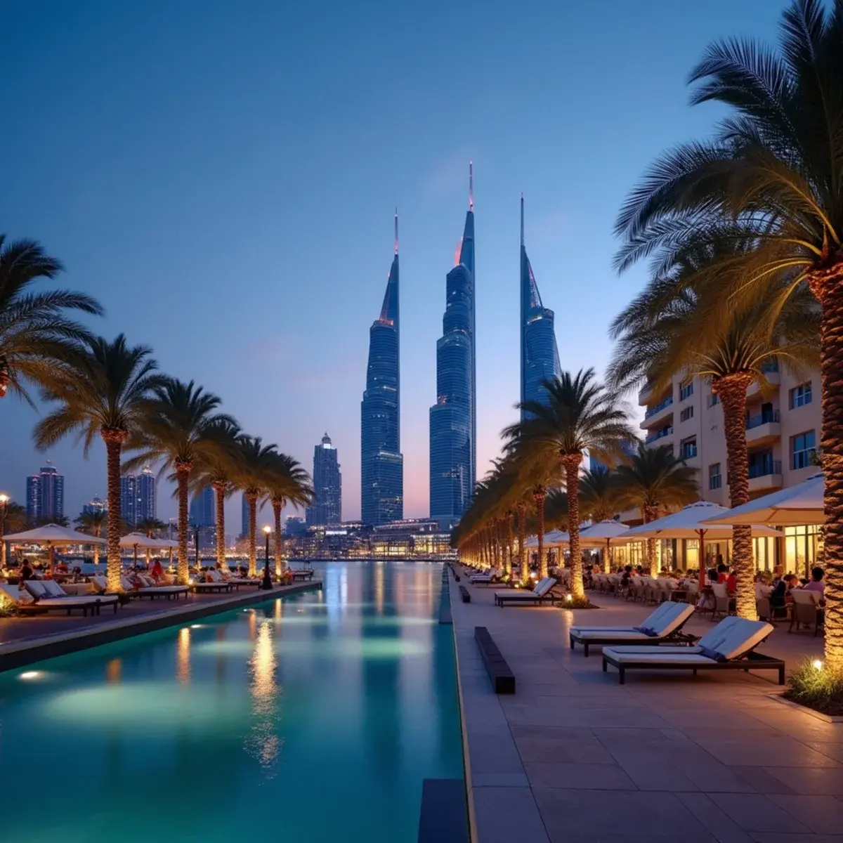 Orlando to Dubai: Dubai Marina towers at dusk with palms and the waterfront promenade