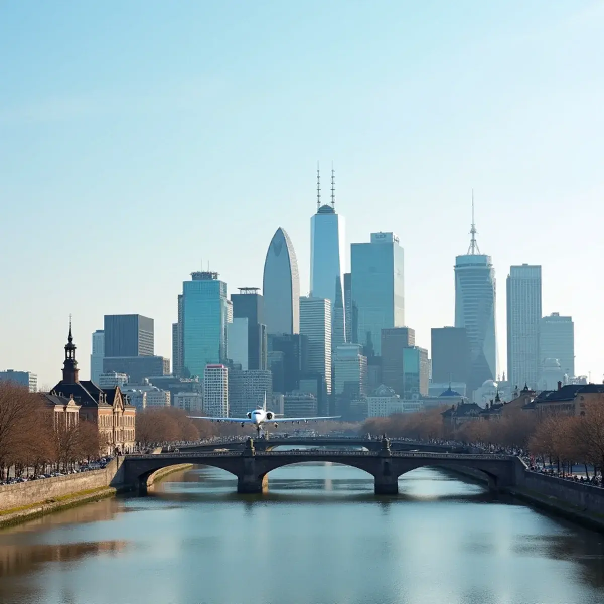Atlanta to Frankfurt: Frankfurt skyline of glass towers across the Main River with the old Römer square in the foreground