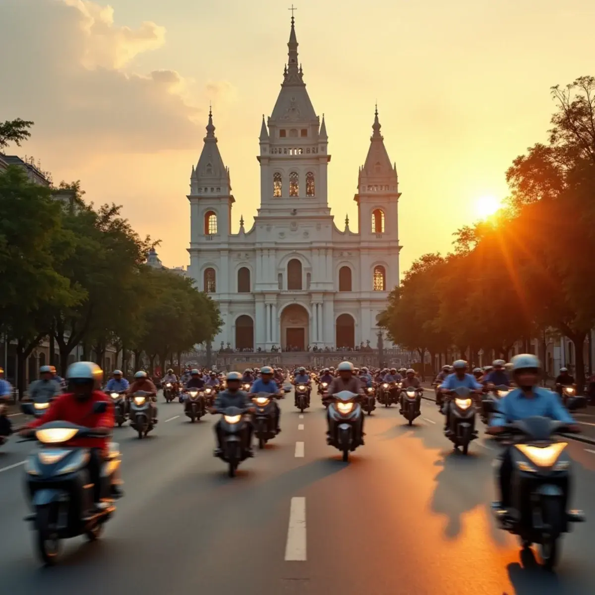 Washington, D.C. to Ho Chi Minh City: Ho Chi Minh City Notre-Dame Cathedral with motorbikes streaming past on a warm evening