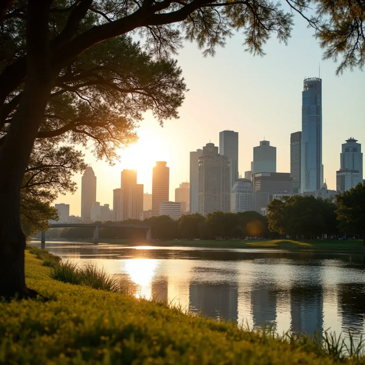 Cheap flights from Houston: Houston downtown skyline seen from Buffalo Bayou Park, live oaks in the foreground, warm evening light