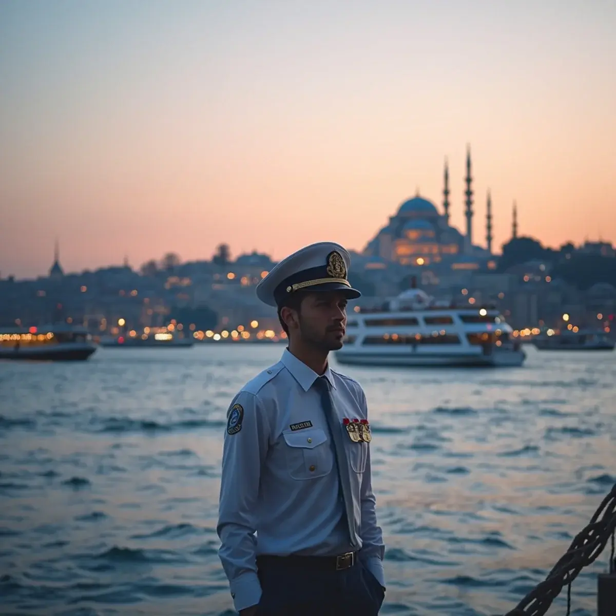 Washington, D.C. to Istanbul: Istanbul Bosphorus with mosques and minarets on the skyline and ferries crossing at dusk