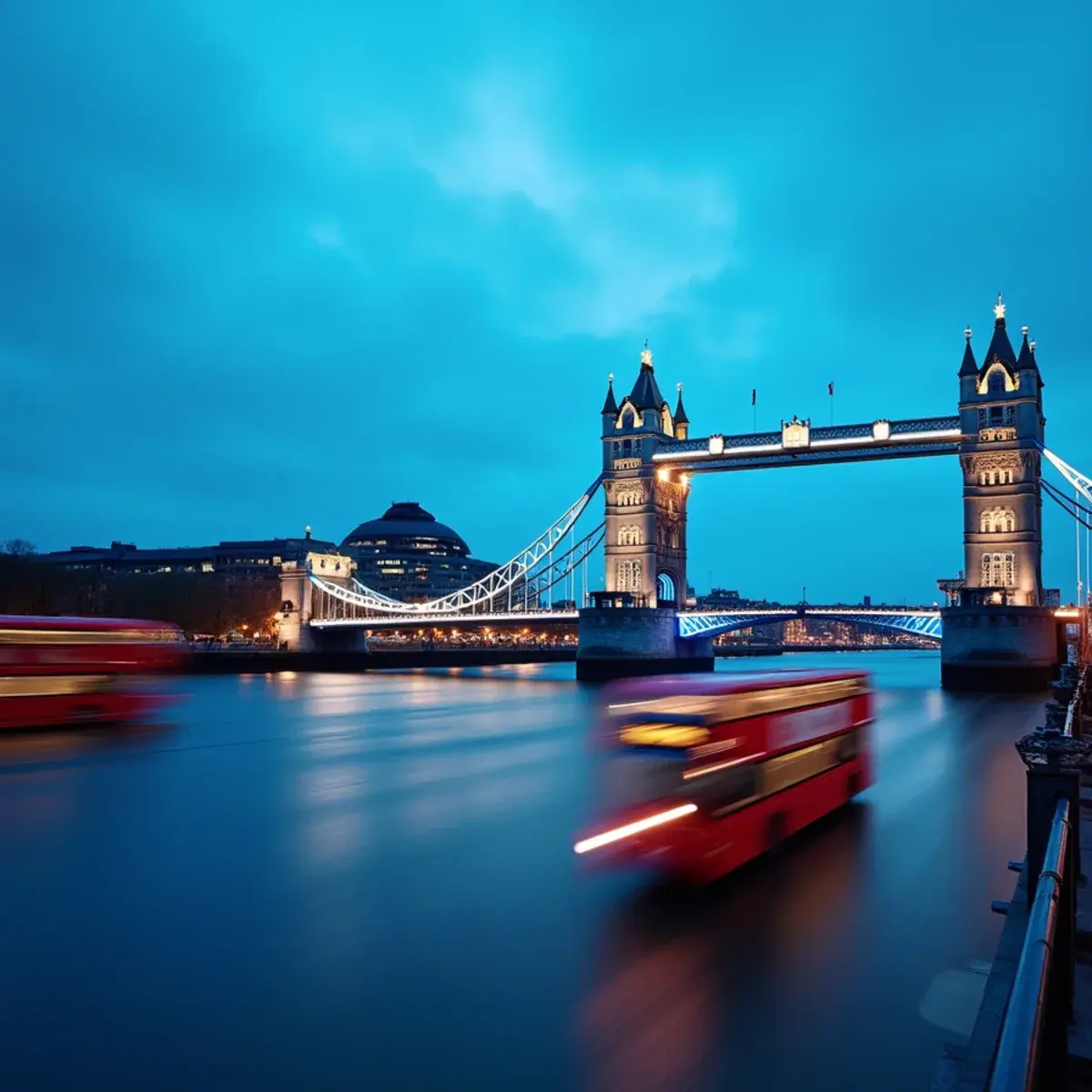 Atlanta to London: London Tower Bridge and the Thames at blue hour with red buses crossing