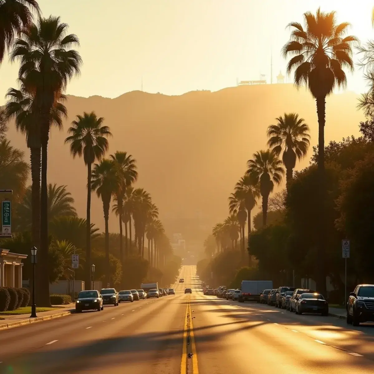 Cheap flights from Los Angeles: Los Angeles palm-lined street with the Hollywood hills in soft haze, golden hour, classic bungalows