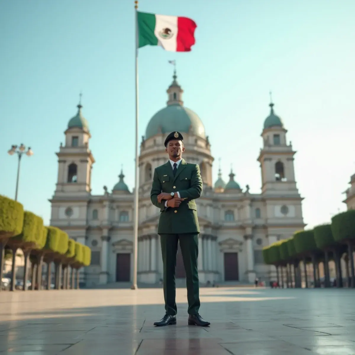 Houston to Mexico City: Mexico City Zócalo with the Metropolitan Cathedral and flag, clear morning