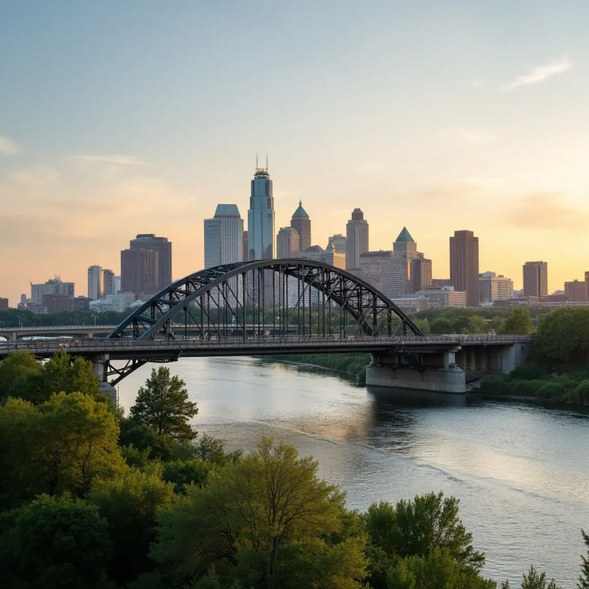 Cheap flights from Minneapolis: Minneapolis Stone Arch Bridge over the Mississippi with the downtown skyline, summer evening