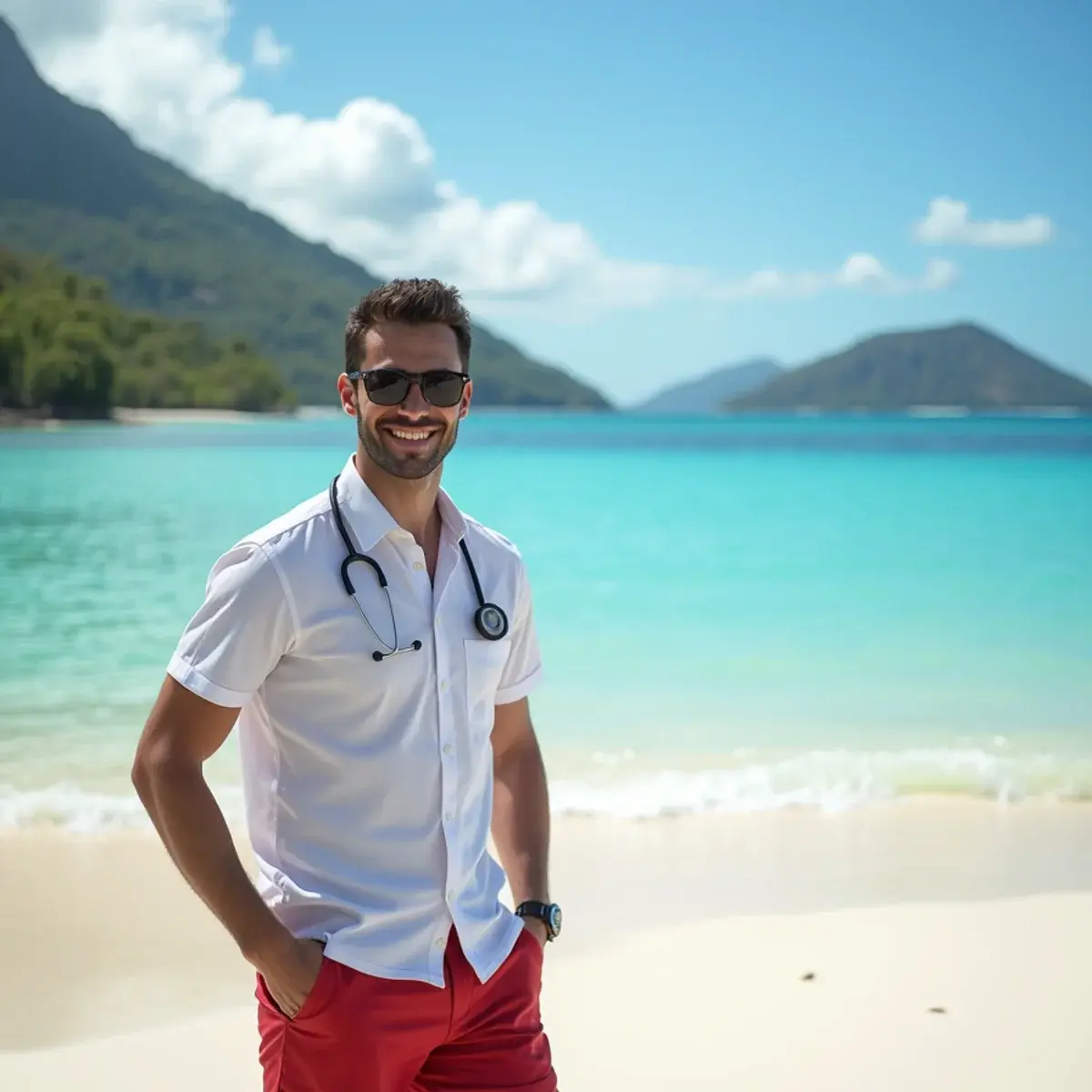 Atlanta to Montego Bay: Montego Bay Doctor's Cave Beach with clear water and hills behind the bay