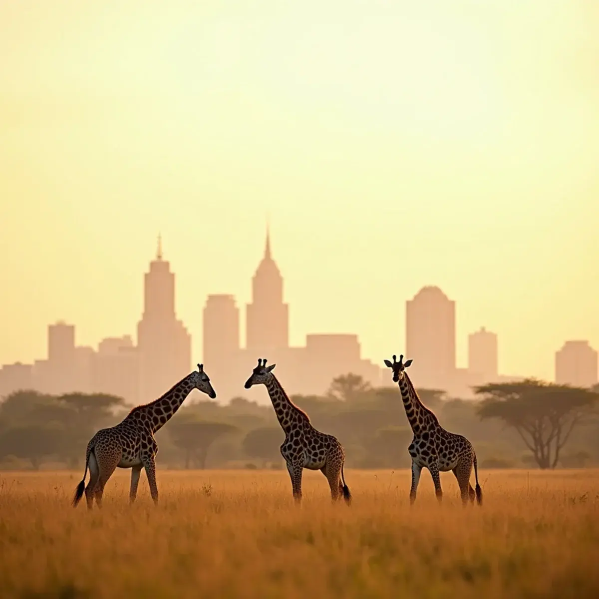 Seattle to Nairobi: Nairobi National Park giraffes with the city skyline on the horizon, morning light