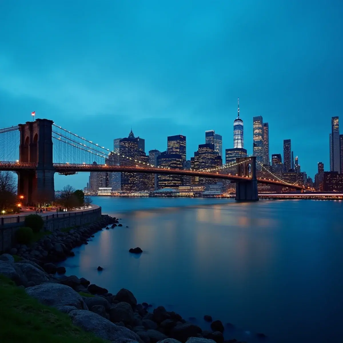 Cheap flights from New York: Manhattan skyline from Brooklyn Bridge Park at blue hour, East River, city lights coming on