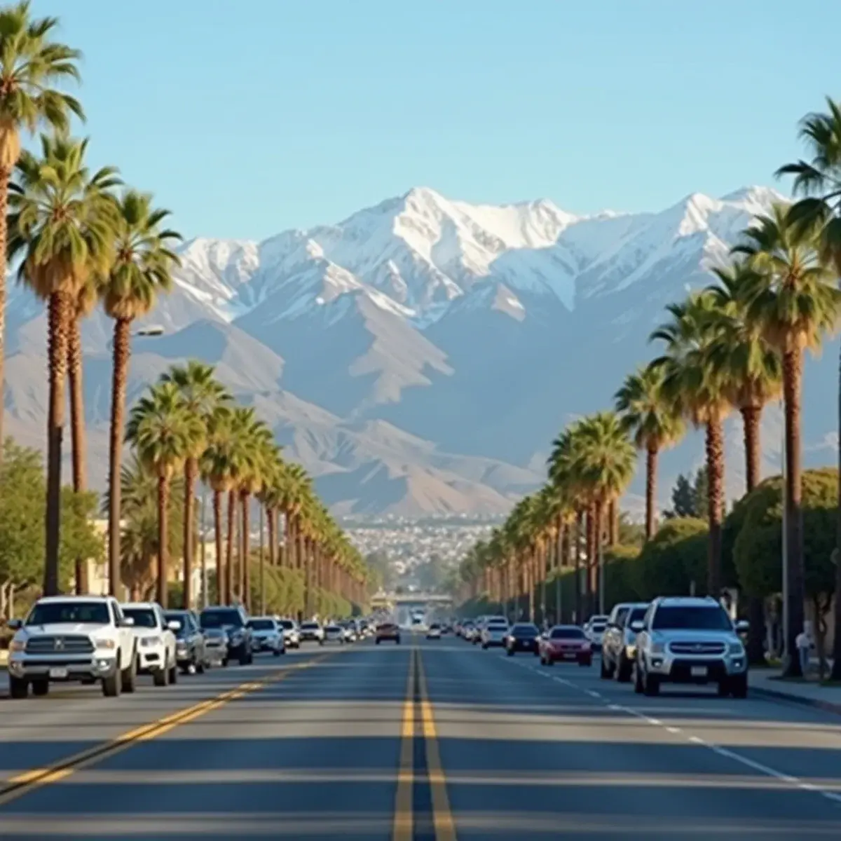 San Jose to Ontario: Ontario, California Inland Empire with the San Gabriel Mountains snow-capped behind palm-lined streets