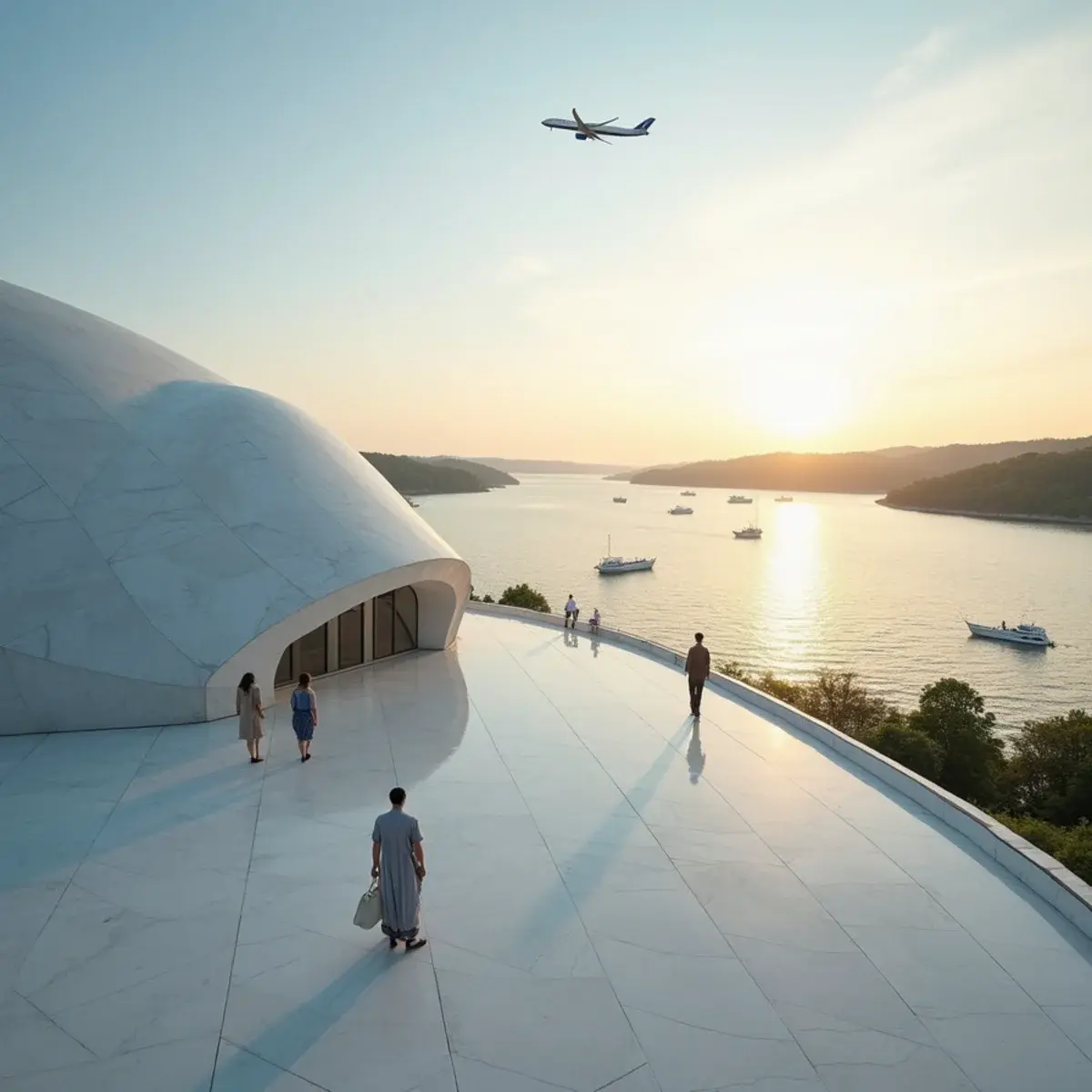 Washington, D.C. to Oslo: Oslo Opera House marble roof with the fjord and small boats, summer evening