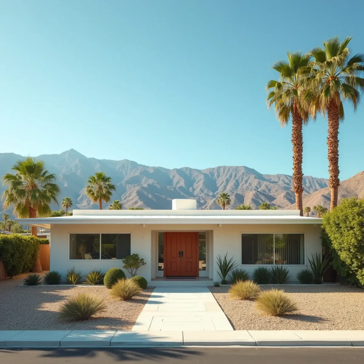 San Francisco to Palm Springs: Palm Springs mid-century homes with palm trees and the San Jacinto Mountains, bright desert light