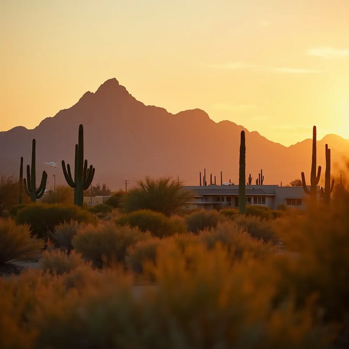 Cheap flights to Phoenix: Phoenix Camelback Mountain at sunset with saguaro cactus and desert homes in the foreground