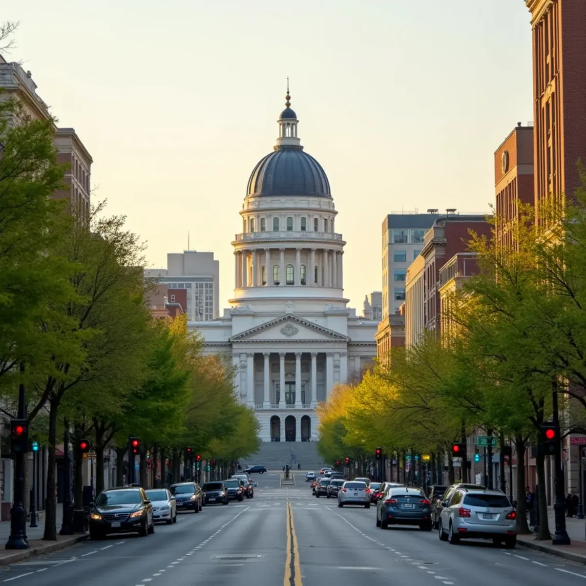 Cheap flights from Raleigh-Durham: Raleigh downtown skyline with tree-lined streets and the North Carolina Capitol dome, spring light
