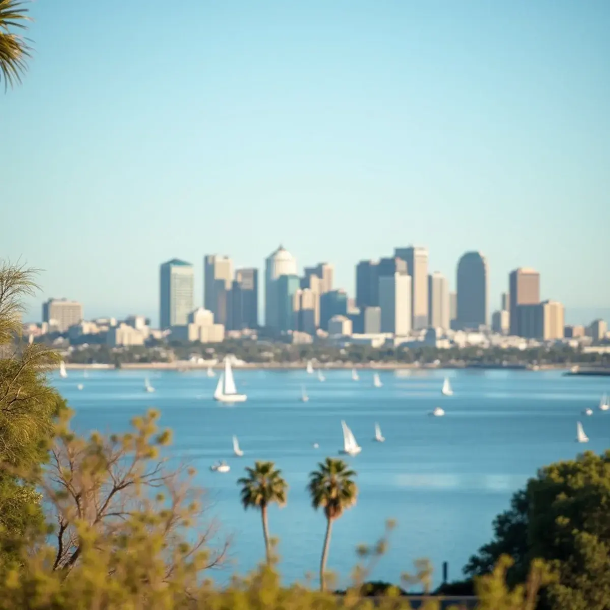 Phoenix to San Diego: San Diego skyline from Coronado with sailboats on the bay and palms, bright afternoon