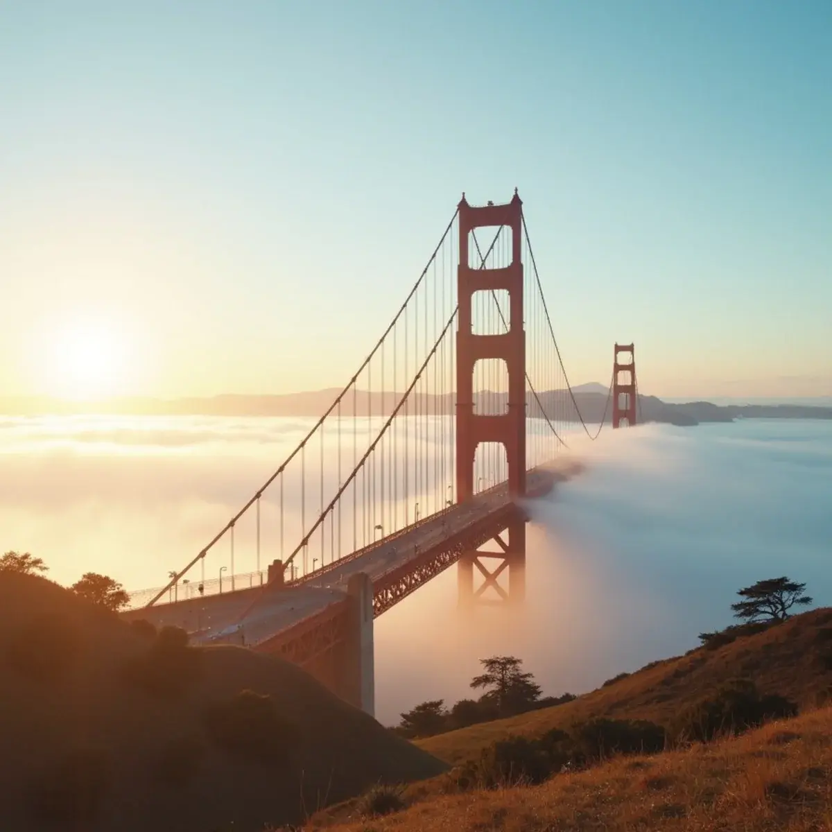 Cheap flights from San Francisco: San Francisco Golden Gate Bridge from Crissy Field with fog rolling under the towers, morning light