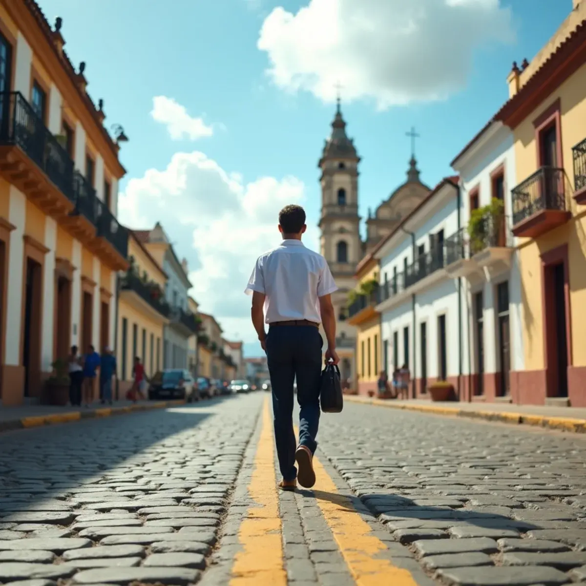 New York to Santo Domingo: Santo Domingo Zona Colonial cobblestone street with the Cathedral, bright Caribbean light