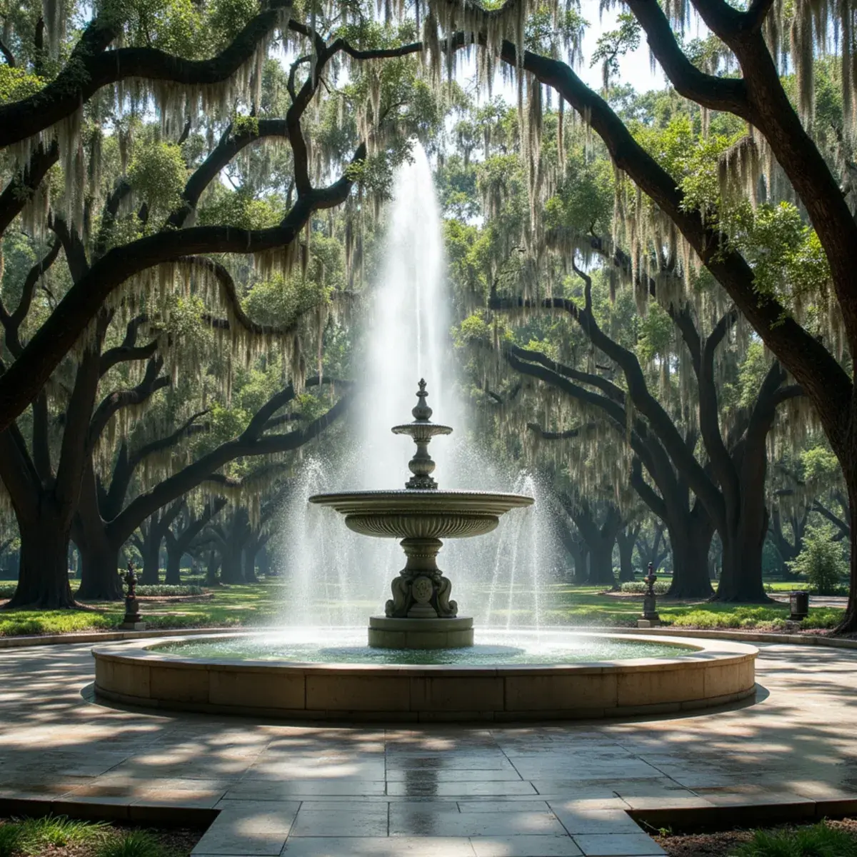 Syracuse to Savannah: Savannah Forsyth Park fountain under Spanish moss-draped live oaks