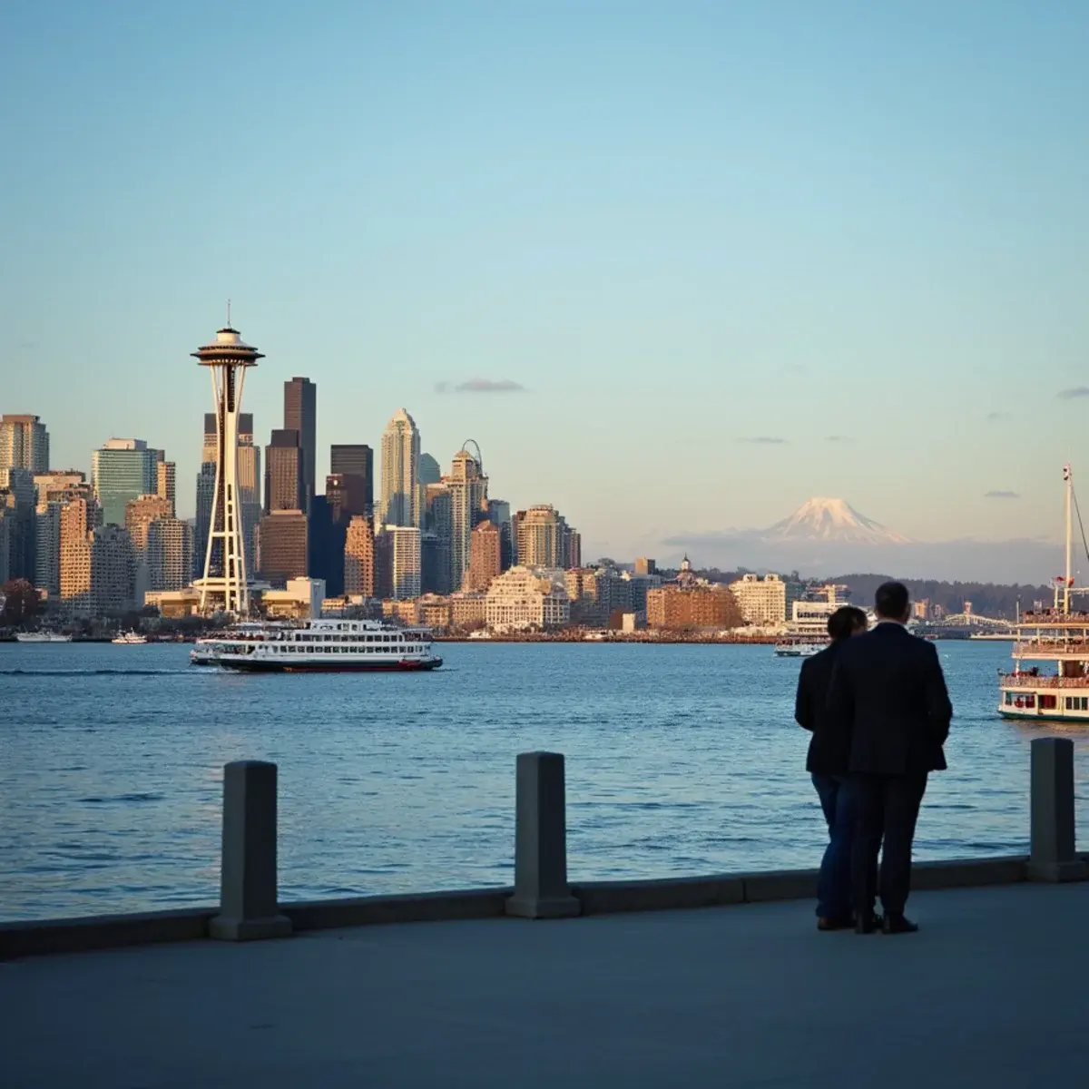 Cheap flights from Seattle: Seattle waterfront with the Space Needle and Mount Rainier visible on a clear evening, ferries on Elliott Bay