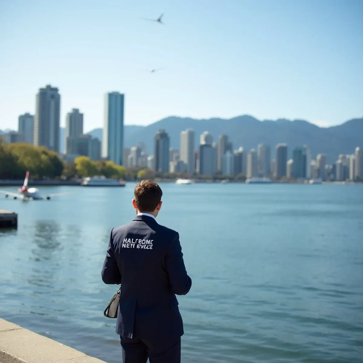 Los Angeles to Vancouver: Vancouver Stanley Park seawall with downtown towers and North Shore mountains, clear day
