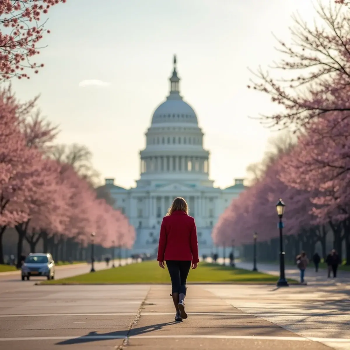 Cheap flights from Washington, D.C.: Washington, D.C. National Mall with the Capitol dome and cherry trees in bloom, soft spring light