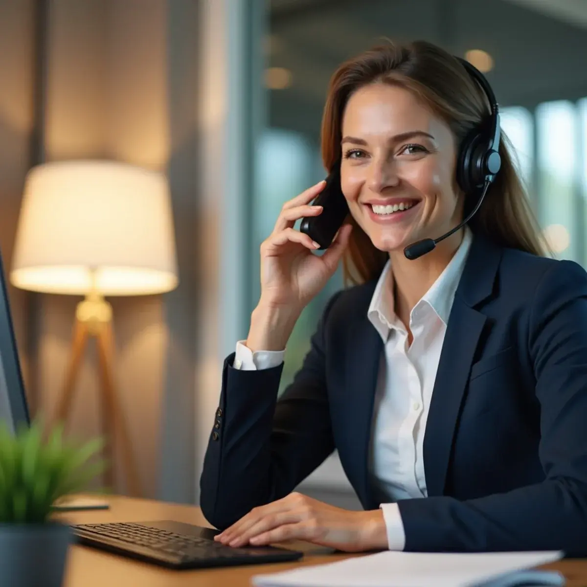 Contact Us: a smiling agent with a headset at a tidy desk answering a call, warm lamp light, plant and notepad