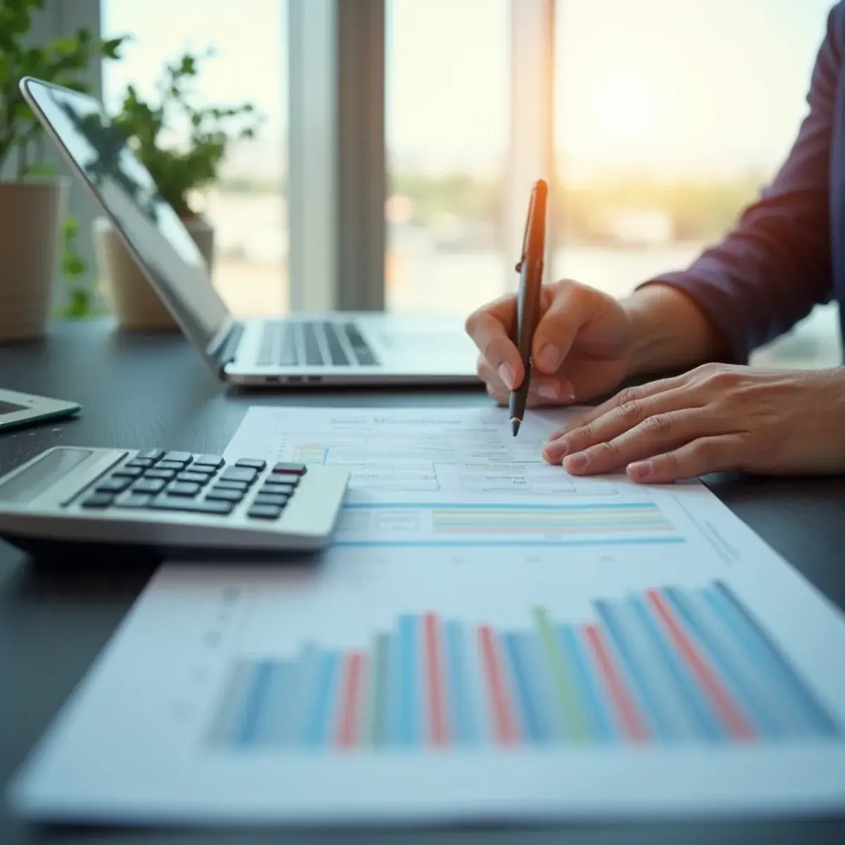 Fare data studies: a clean desk with a printed chart of monthly fares, a calculator, and a laptop, daylight, hands marking a low point on the chart