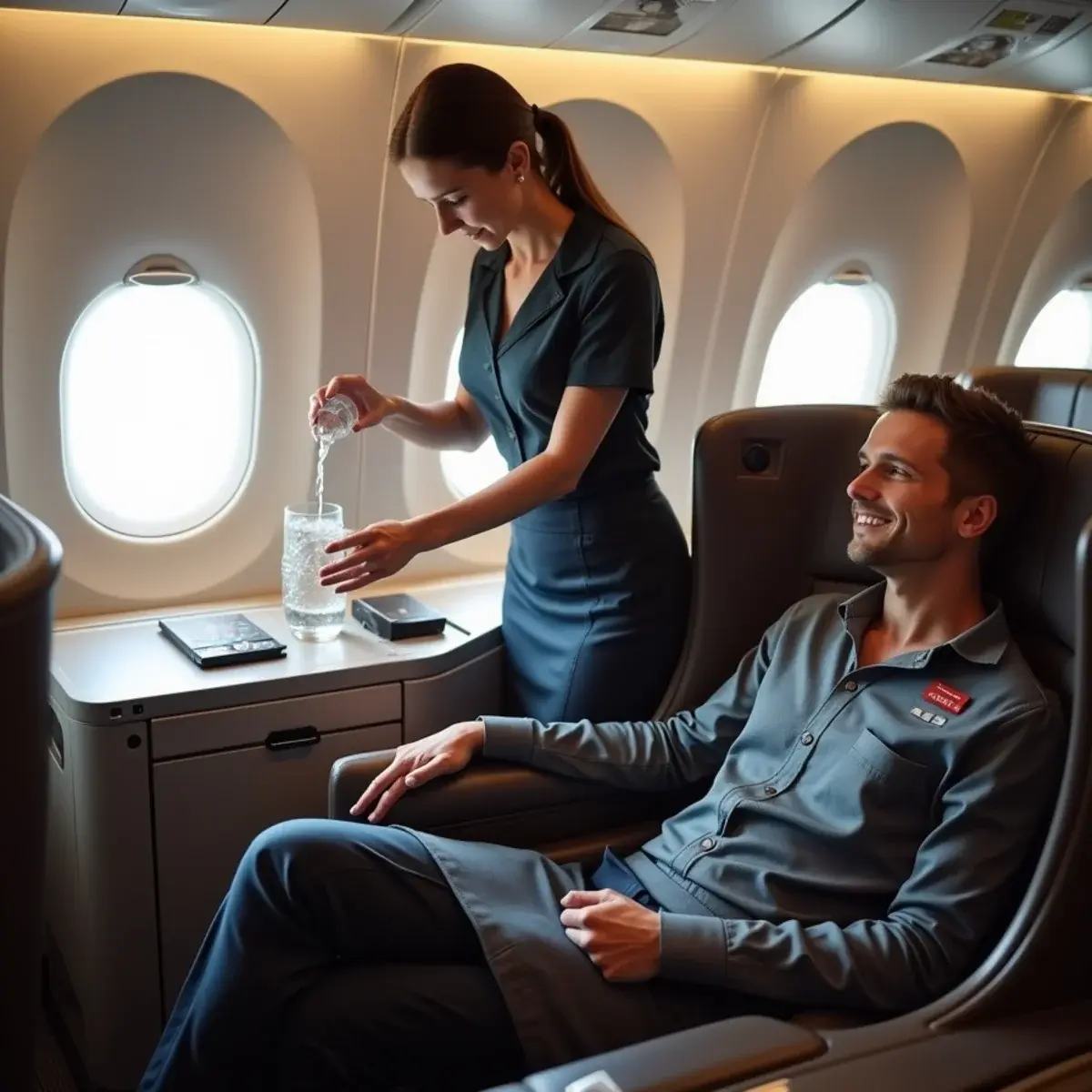 Business Class Flight Deals: a business class cabin with lie-flat seats and a flight attendant pouring water, no logos