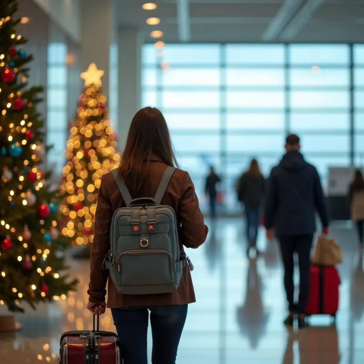 Christmas and New Year Flights: an airport terminal with a decorated tree and travelers carrying wrapped gifts and bags